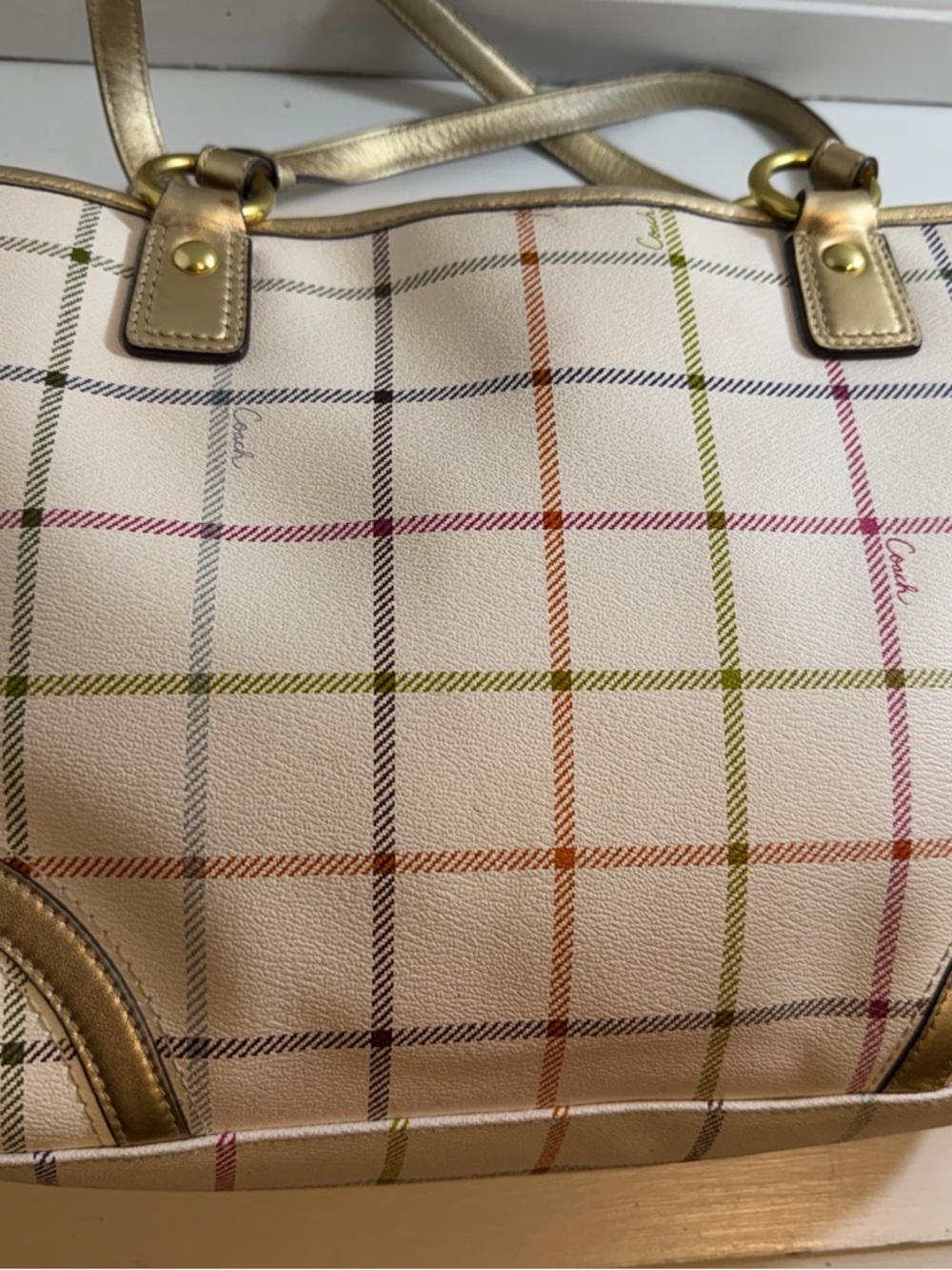Coach Ivory Plaid Leather Shoulder Bag with Multicolor Stripes - Picture 3 of 7